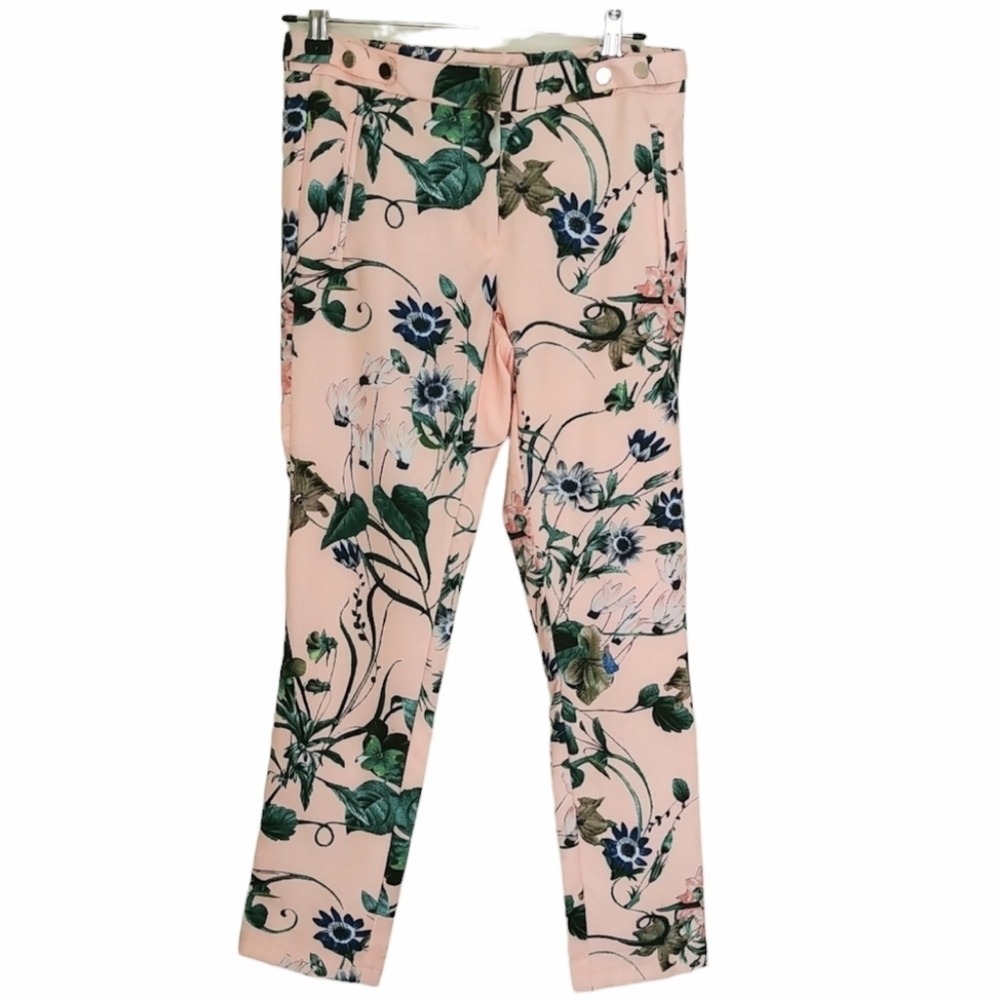Grifflin Paris Floral Trousers Women Size S Peach Botanical Print Slim Pants
